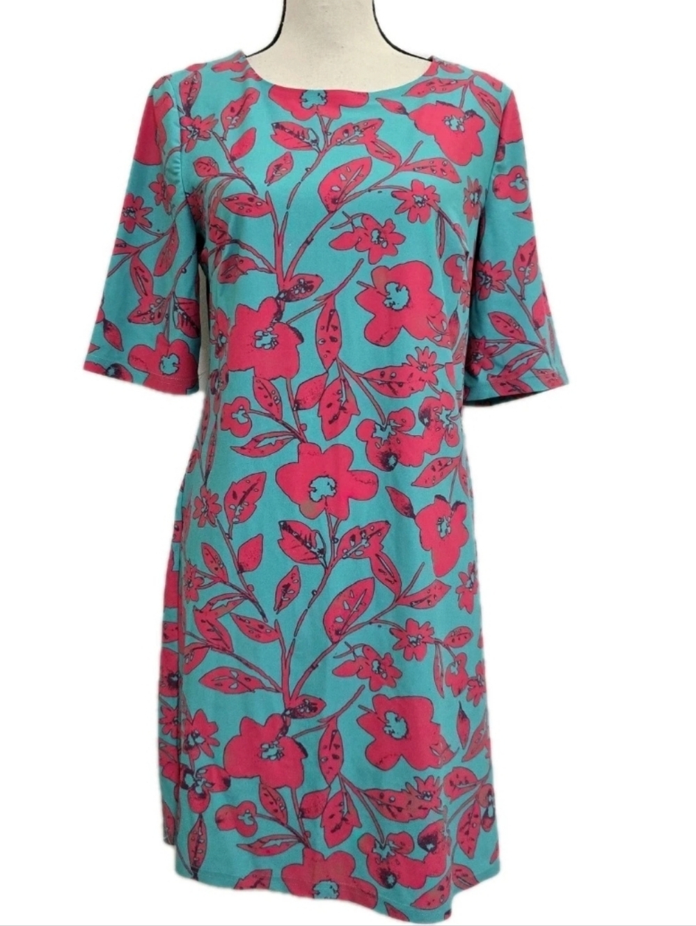 anthropologie ARYEH size Medium Floral Stretch Dress Torquoise Pink